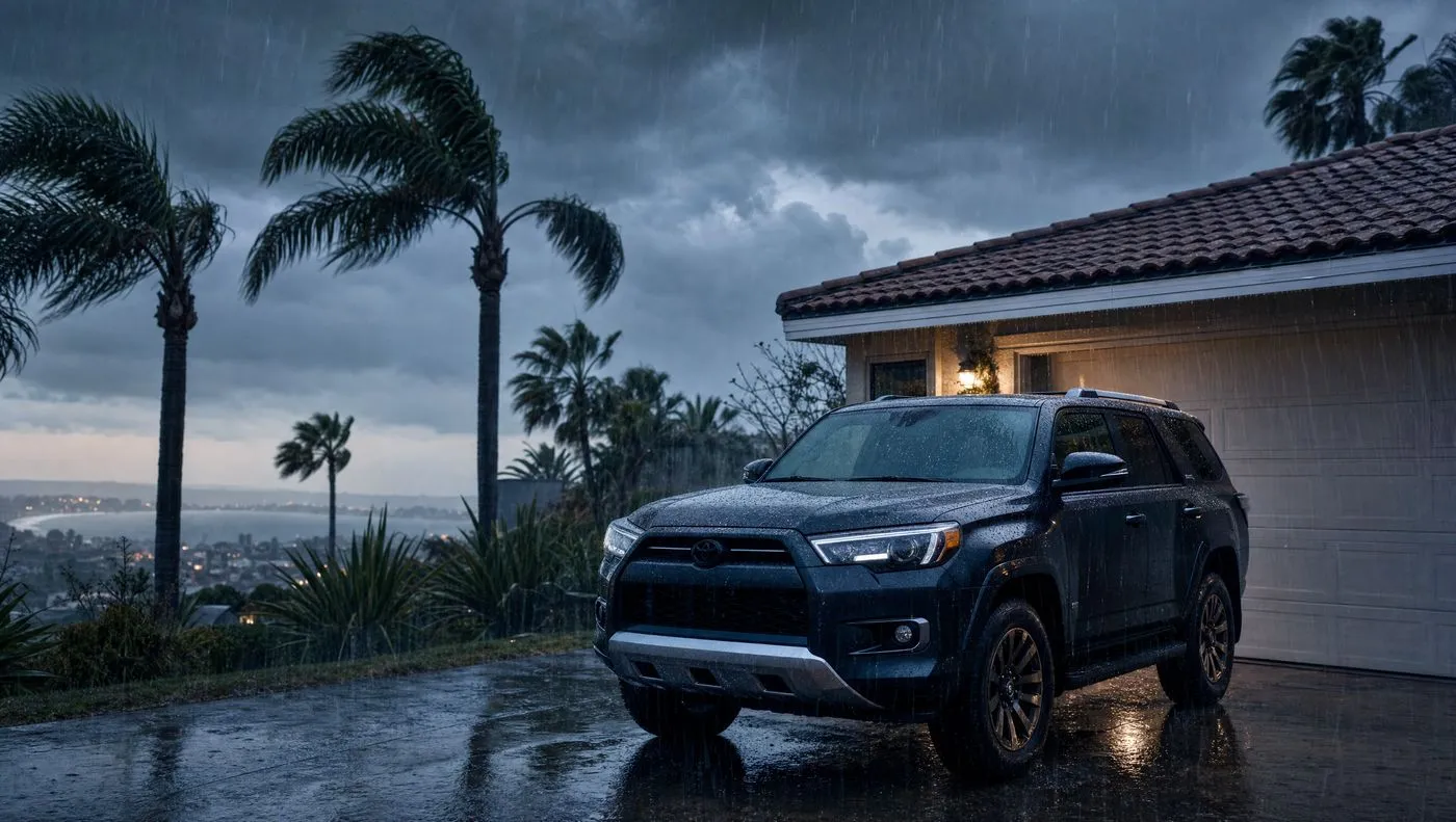 Illustration of heavy rain beading and sheeting off a dark SUV parked in a San Diego driveway at dusk during a storm, palm trees swaying in the background