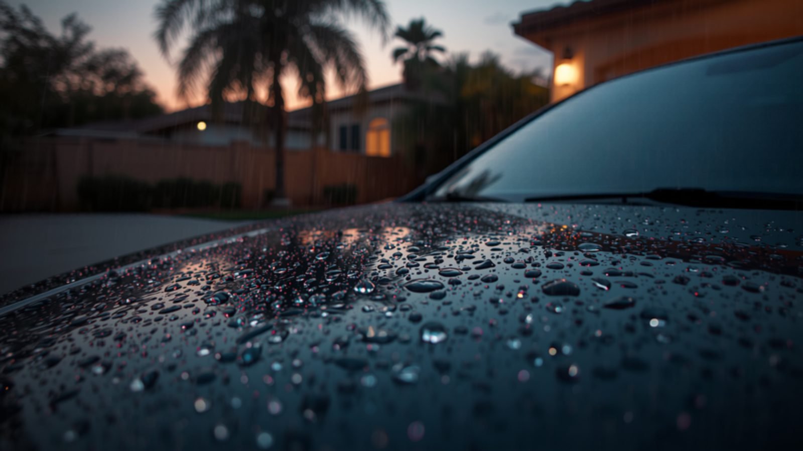 Illustration of raindrops beaded on a dark car hood at dusk in a San Diego driveway, palm trees in the background