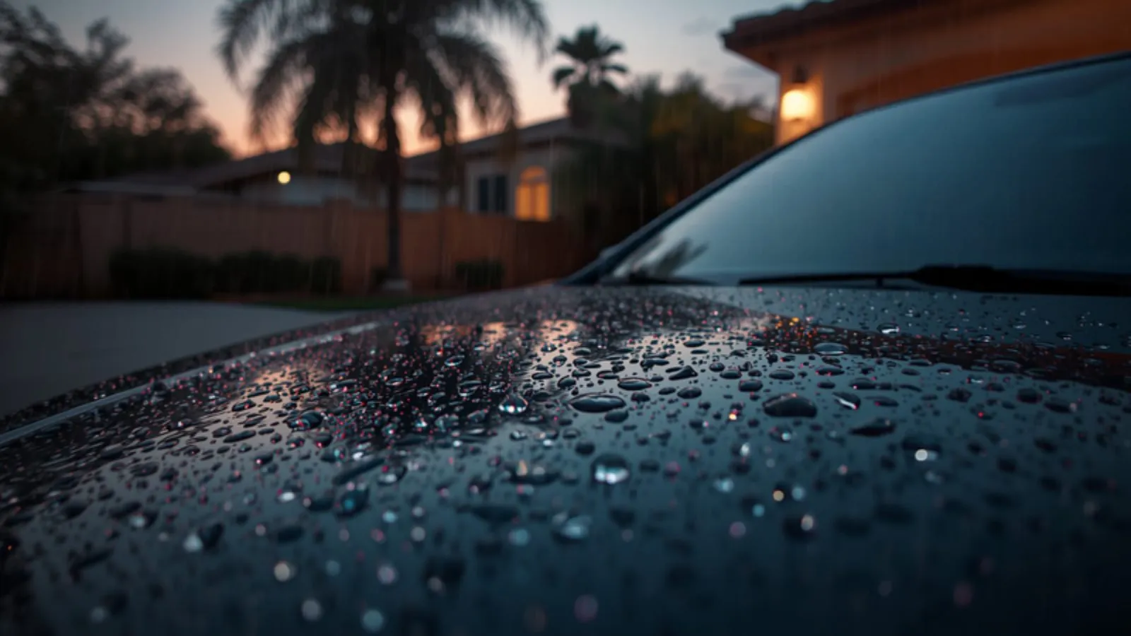 Illustration of raindrops beaded on a dark car hood at dusk in a San Diego driveway, palm trees in the background