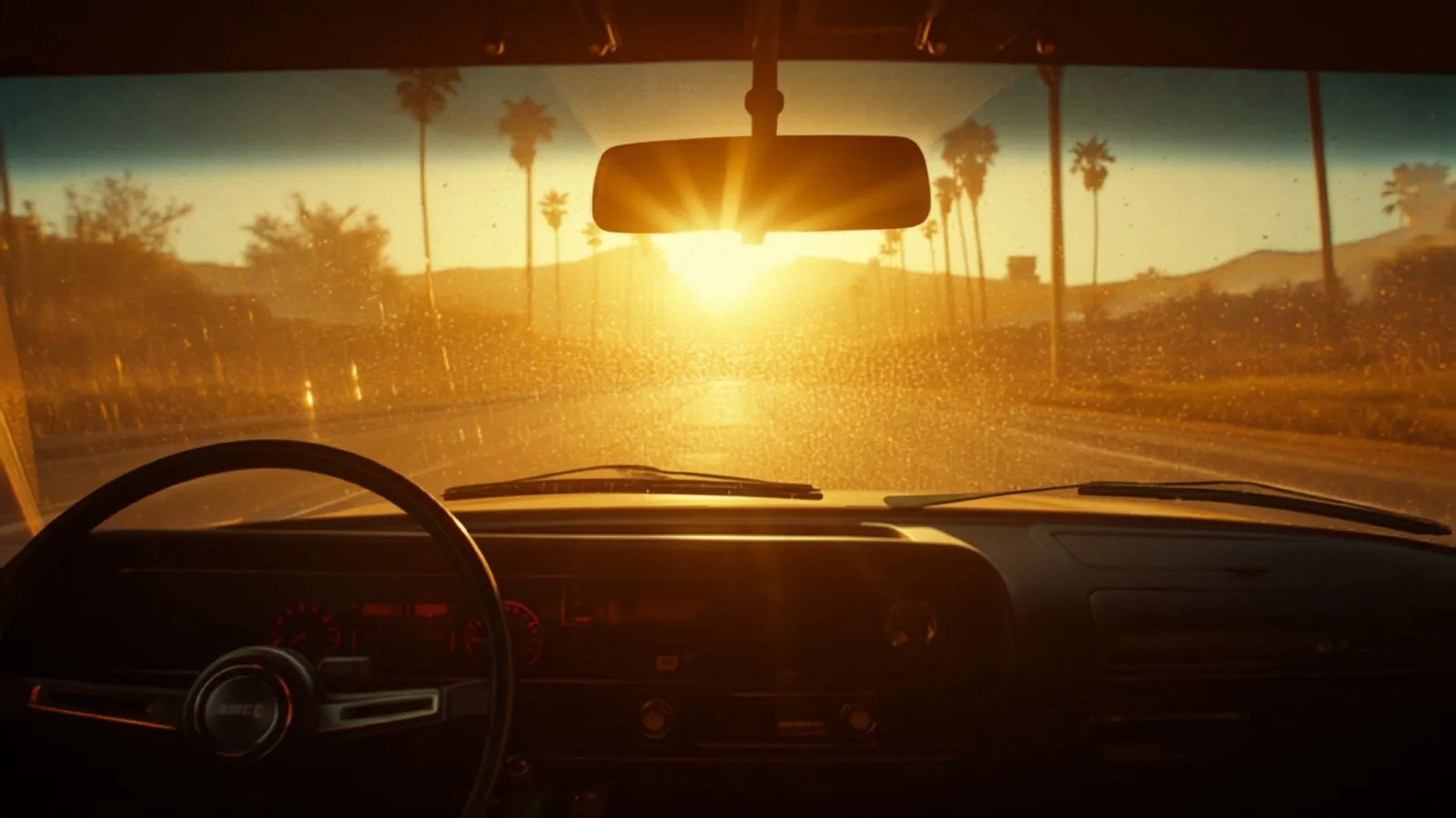 Illustration of harsh sun glare through a car windshield onto the dashboard during a San Diego heat wave