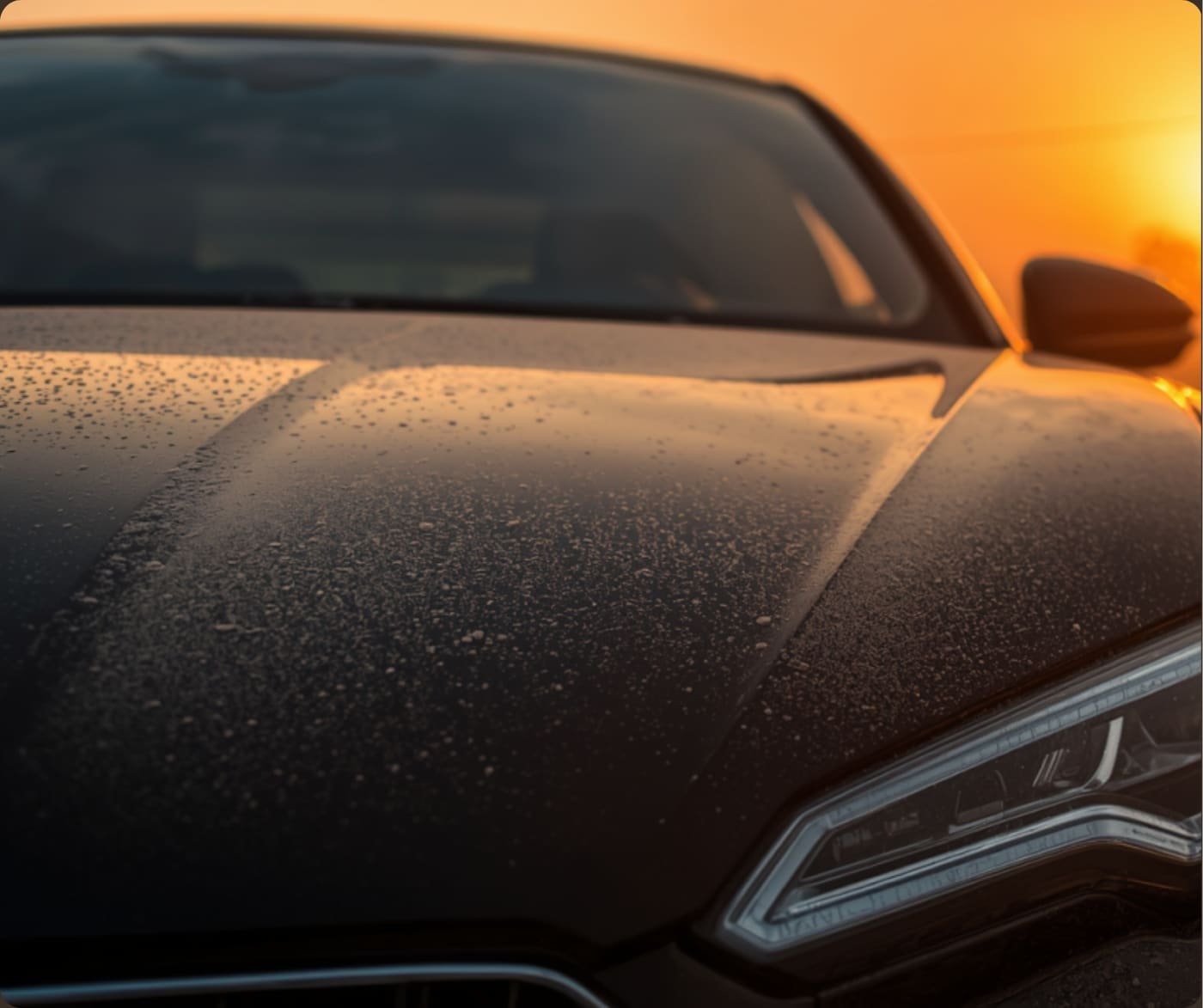 Fine ash and dust settled on a dark car hood during a Santa Ana wind event, San Diego sunset in the background