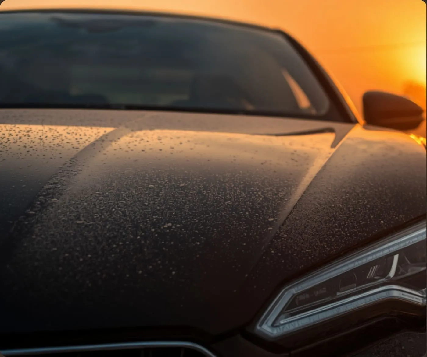 Fine ash and dust settled on a dark car hood during a Santa Ana wind event, San Diego sunset in the background