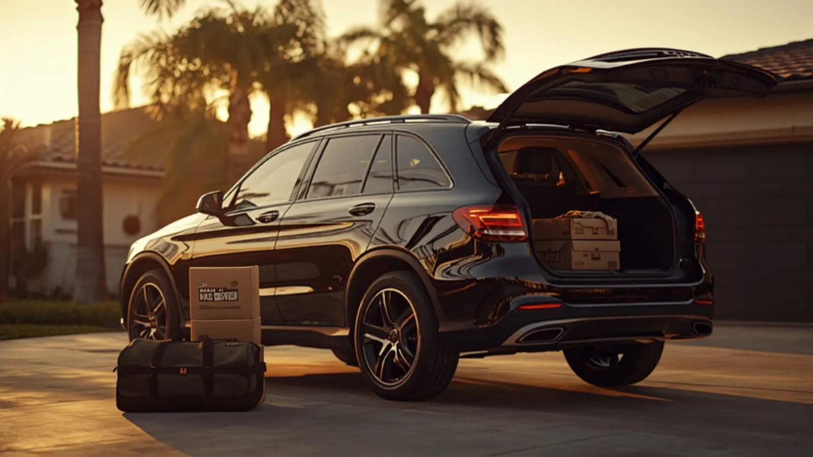 Illustration of a freshly detailed black SUV with moving boxes and a duffel bag beside the open trunk in a San Diego driveway at sunset, packed for a PCS move