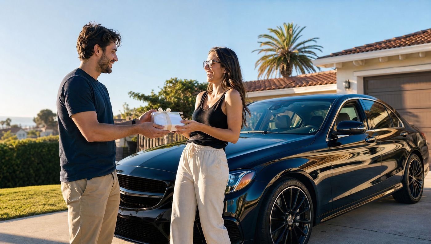 A man hands a woman a wrapped gift card in front of a freshly detailed, glossy black car in a San Diego driveway