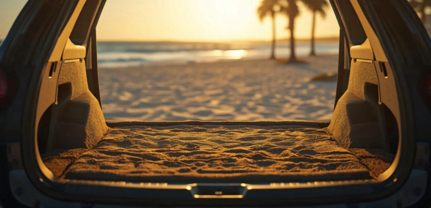 Illustration of an SUV's open trunk facing a San Diego beach at sunset, with sand tracked onto the trunk floor