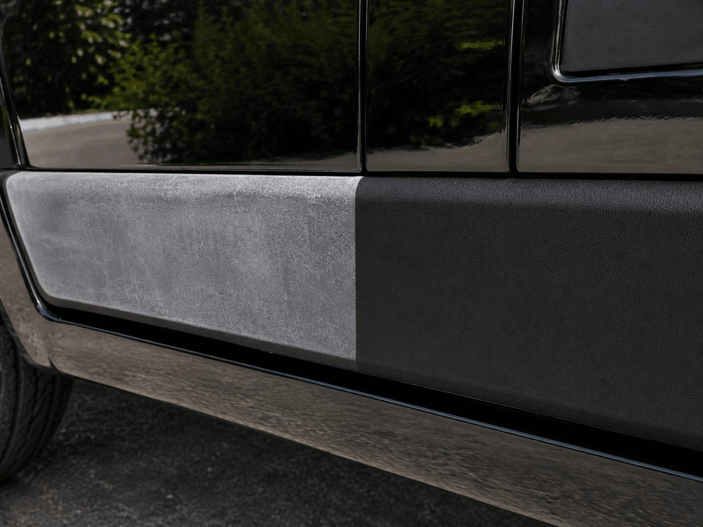 Side-by-side comparison of faded gray plastic trim next to restored deep black trim on the same panel